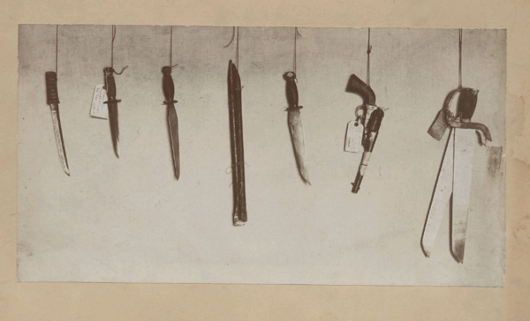 Chinese Highbinder weapons collected by H. H. North, U. S. Commission of Immigration, forwarded to Bureau of Immigration, Washington D. C., about 1900.  Note the coexistence of hudiedao (butterfly swords), guns and knives all in the same raid.  This collection of weapons is identical to what might have been found from the 1860s onward.Courtesy the digital collection of the Bancroft Library, UC Berkley.  