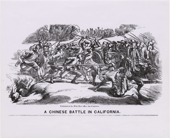 "A Chinese Battle in California."  Depiction of rival tongs of Chinese miners at Weaverville in June 1854. Contributing Institution: California Historical Society. Bancroft Library, UC Berkley.