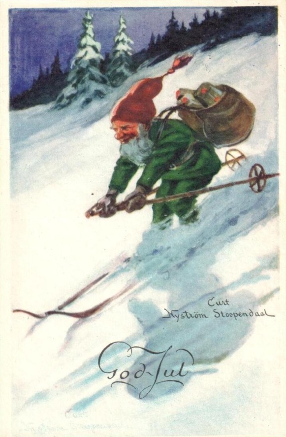 Bernard the Kung Fu Elf, training for a spot on the elite North Pole Alpine Search and Rescue team. (Source: late 1940s Swedish Postcard, Authors personal collection.)