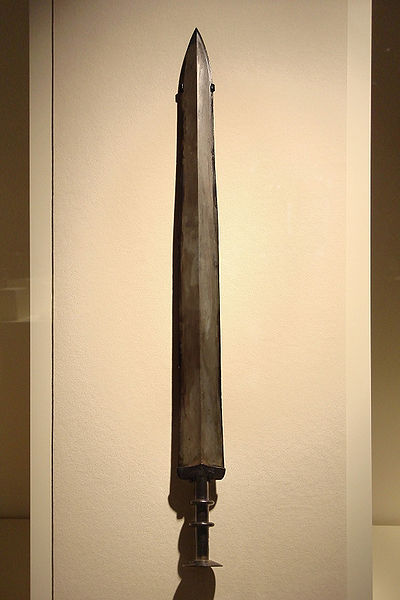 A bronze "long sword." These were eventually replaced with longer steel swords during the Han dynasty.  However, the truly ancient fencing styles of previous eras presupposed short, double edged weapons like this.  Source: Wikimedia. 
